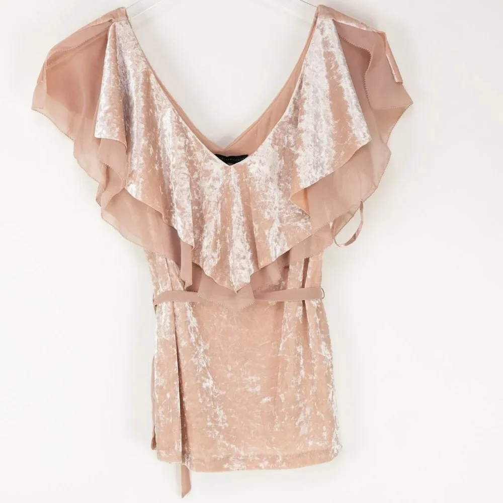 White House Black Market Velvet Ruffle Flounce Top Belted Blouse Pink Size XS - Picture 2 of 7